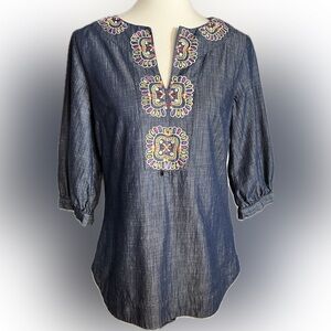Wayward Fancies Embroidered Indigo-Dyed Cotton Chambray Tunic by eShakti, Size S